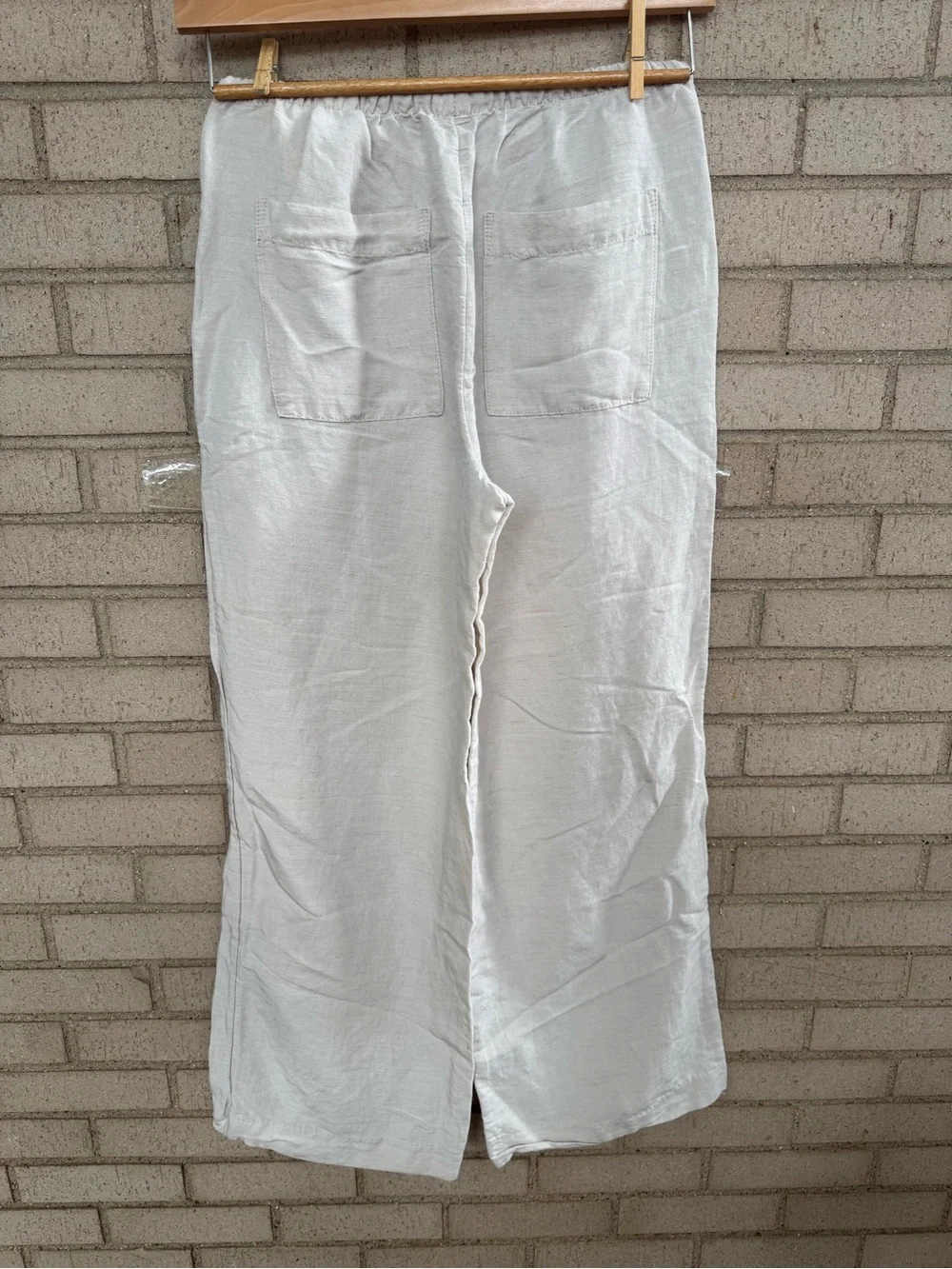 H&M Drawstring Pull On Linen Blend Wide Leg Pants Beige Oatmeal Sz Small